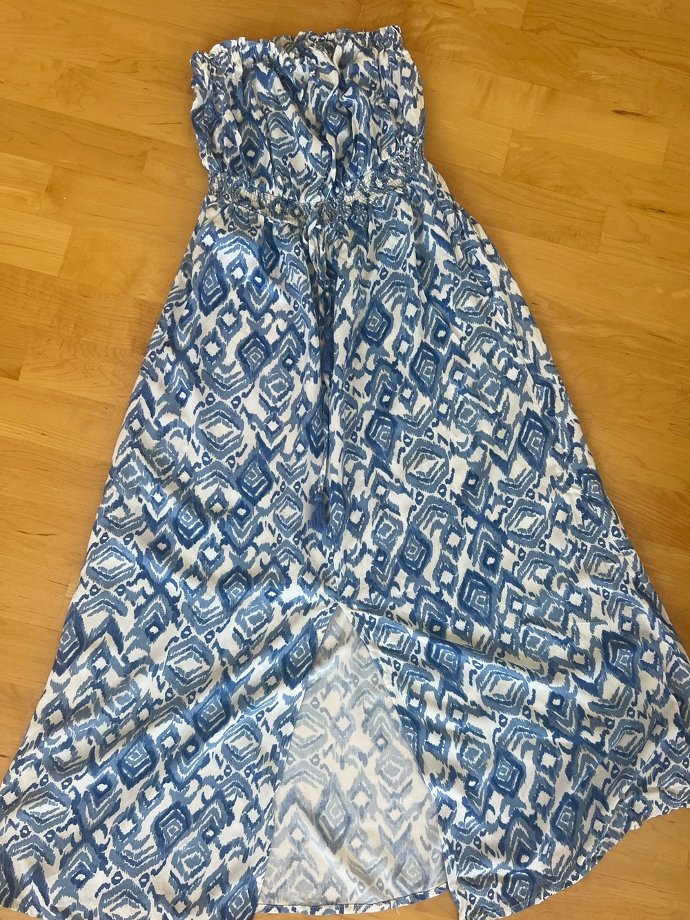 Jessica Simpson Blue and White Strapless Maxi Dress